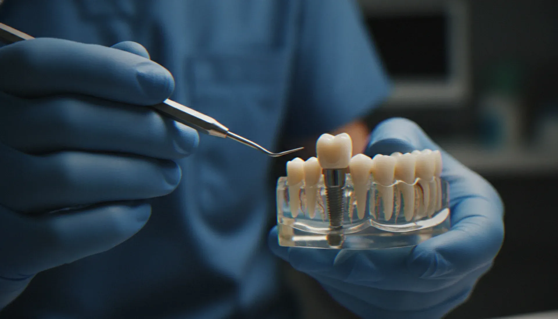 Dental professional pointing to single tooth implant on jaw model
